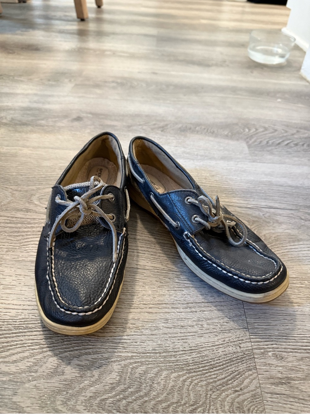 Sperry Navy Leather Boat Shoes with White Stitching